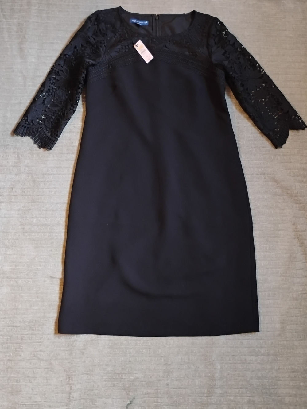 Talbots Black Midi Shift Dress with Lace Three-Quarter Sleeves